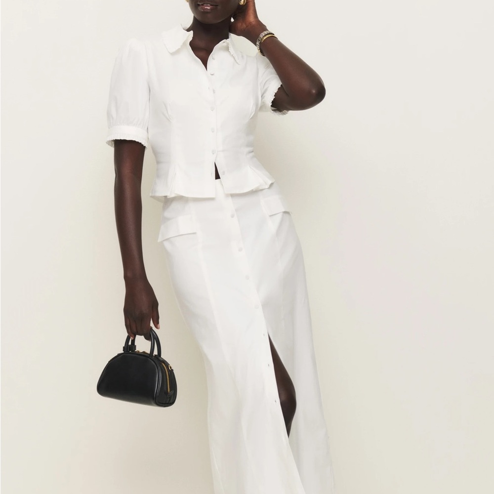 Chic White Button-Up Blouse and Skirt Set